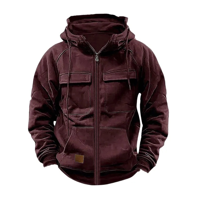 Autumn/Winter Hoodie Mens Zipper Solid Color Outdoor Warm and Casual Sweatshirt Multi Pocket Men's Fashion Hoodie Outdoor Hoodie - Clikcy