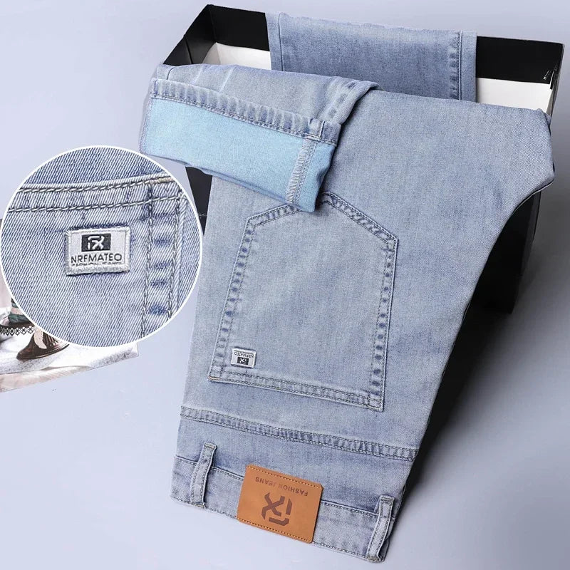 Soft Men's Lyocell Baggy Jeans Thin Summer Breathable Straight Pants Vintage Business Casual Fashion Korea Male Denim Trousers - Clikcy