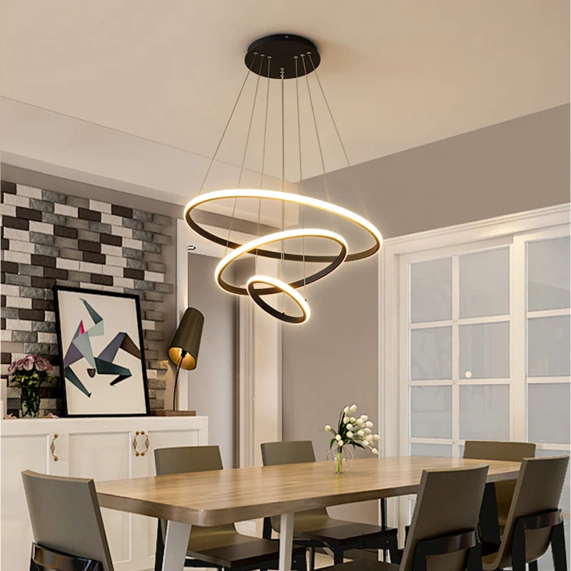 Modern Pendant Lamp Led Rings Circle Ceiling Hanging Chandelier Black Loft Living Dining Room Kitchen Indoor Lighting Fixture - Clikcy
