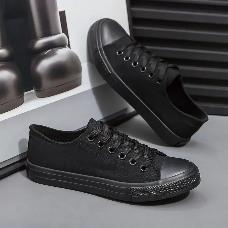 Men's All-Black Low-Top Canvas Shoes Spring Casual Sports Flat Bottom Couple's Sulfurization Flats Unisex Slip-On Sneakers