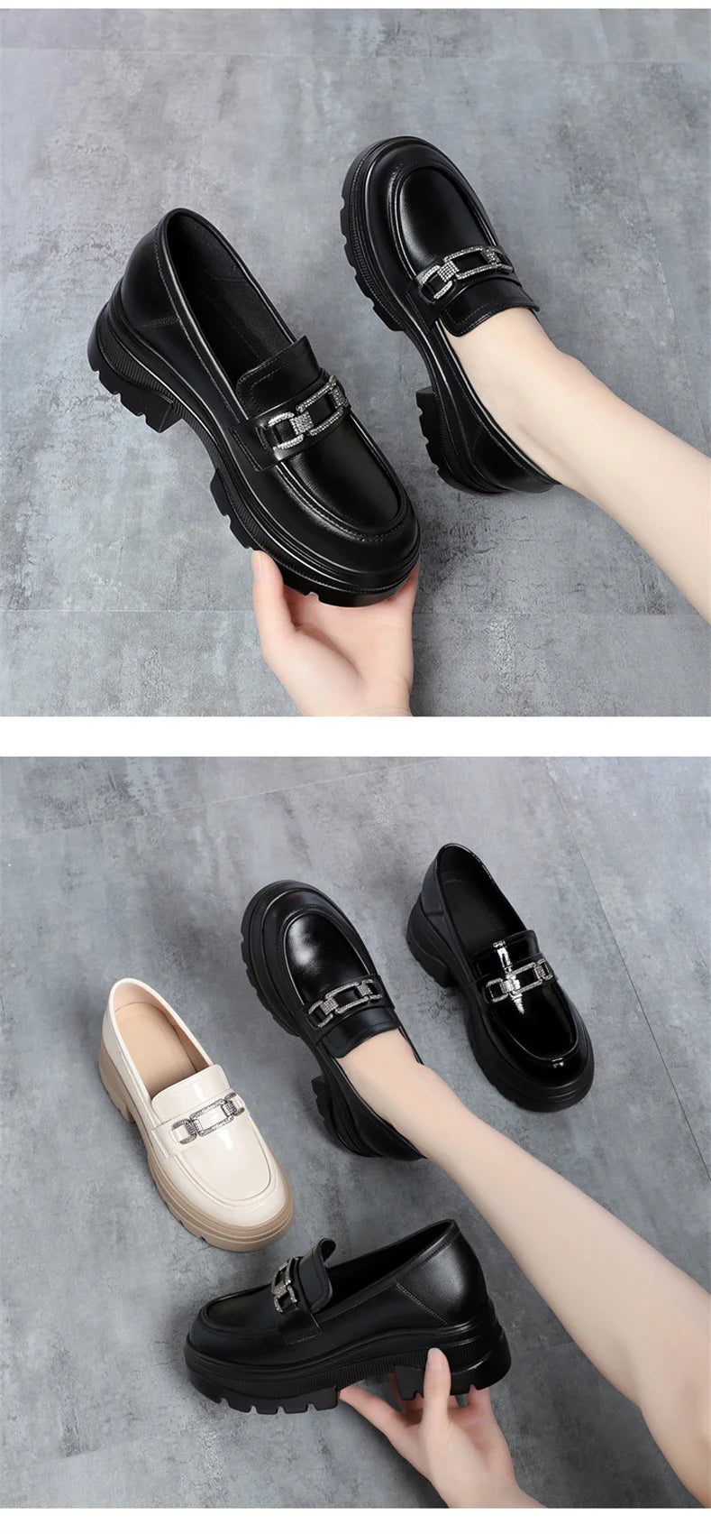 Platform Loafers New Women's Shoes Soft Leather Thick Heels British Small Round Toe Metal Decoration White Leather Shoes - Clikcy