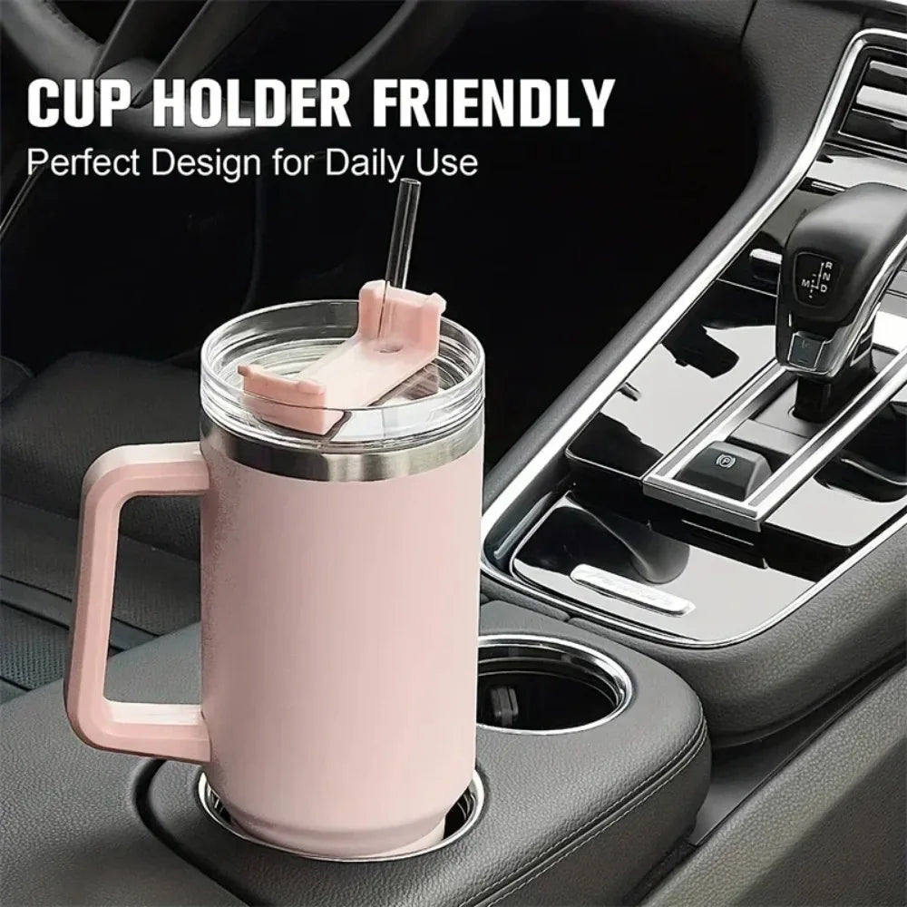 40oz 304 Stainless Steel Insulated Water Bottle,Thermal Coffee Car Cup, Cold Hot Mugs Vacuum Flask With Handle Straw,For Sport - Clikcy