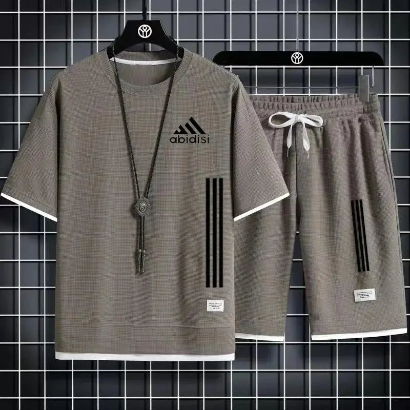 Adida 2024 Man New Tracksuits 2 Piece Short Sleeve Suits Printing T-shirt +Sweatpants Sets Sutdent Casual Summer Sport Clothes - Clikcy