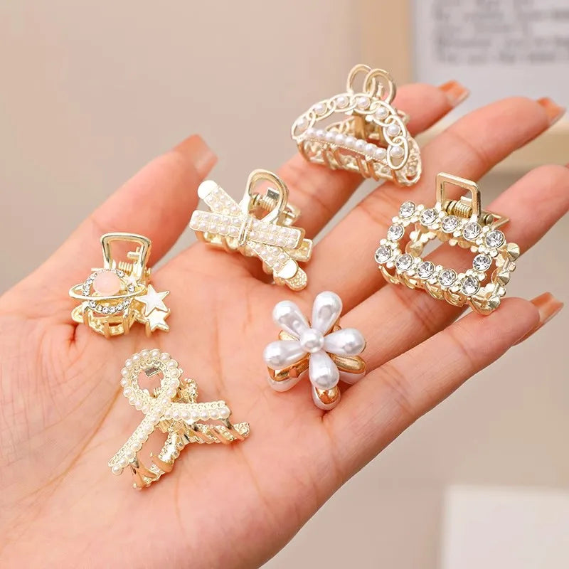 6/8/10PCS/Set Small Rhinestone Pearls Geometric Metal Hair Claws For Women Girls Sweet Mini Hair Clips Hairpins Hair Accessories - Clikcy