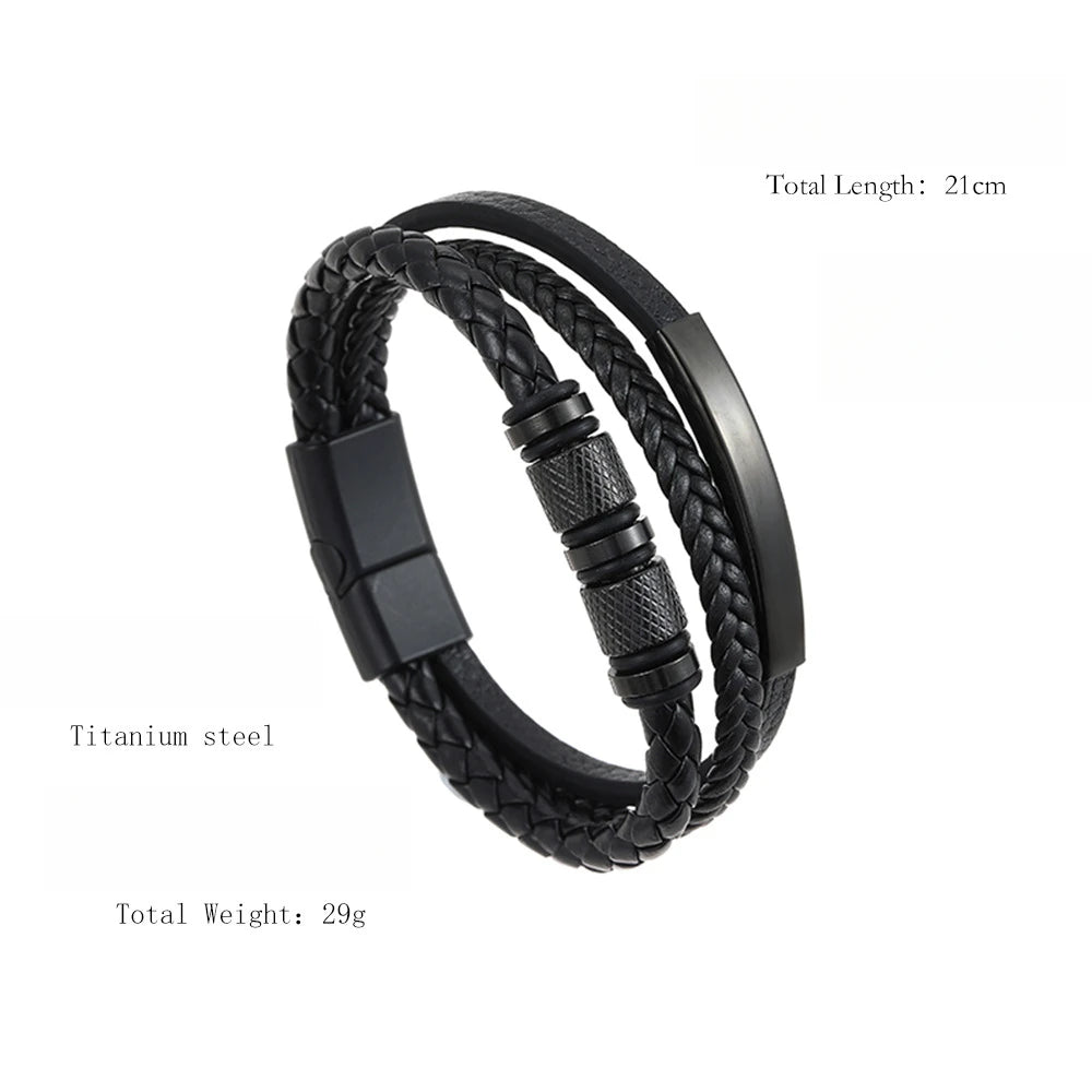 Chunky Leather Bracelets for Men Boys,Multi-layer Bracelets with Stainless Steel Bend Tag,Casual Jewelry Gift to Father Husband - Clikcy