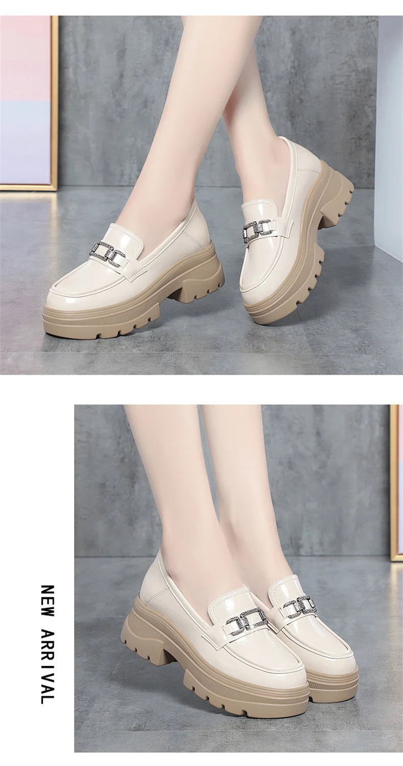 Platform Loafers New Women's Shoes Soft Leather Thick Heels British Small Round Toe Metal Decoration White Leather Shoes - Clikcy