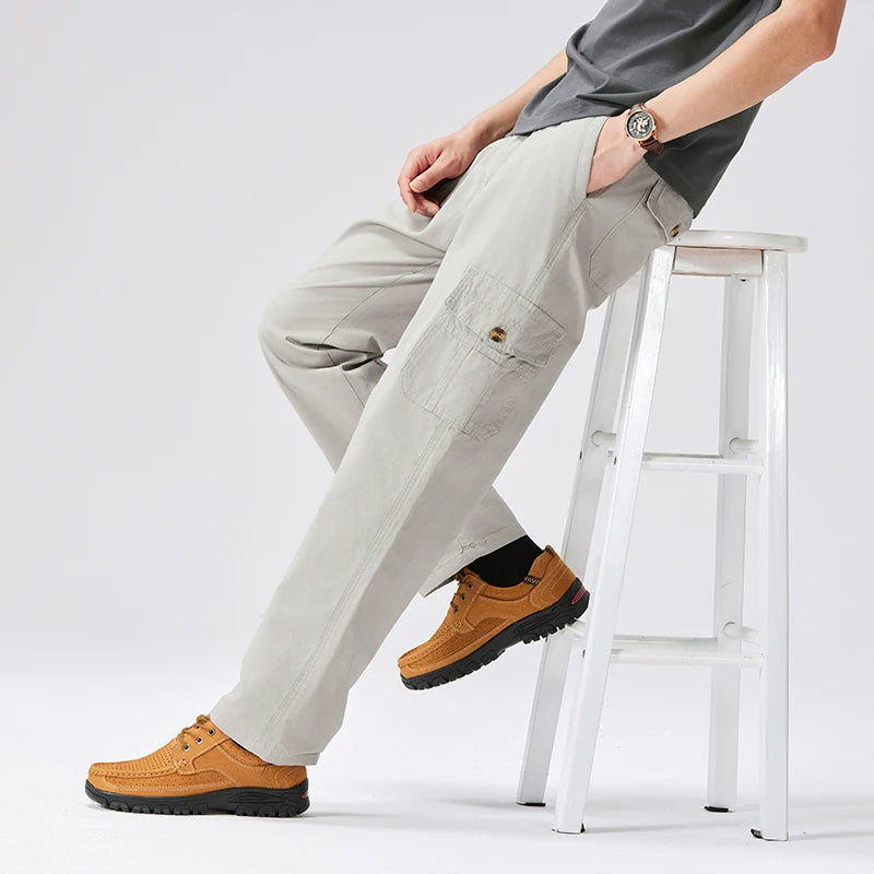 100% Cotton Men's Cargo Pants Straight Fit Loose Work Trouser Male Spring Summer High Waist Big Size Large Plus Elastic Pocket - Clikcy