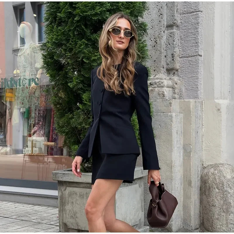 Urban Solid Blazer Skirt Set Women Slim O-neck Single Breasted Jacket Mini A-line Skirt 2025 Spring Elegant Lady Office Outfit - Clikcy