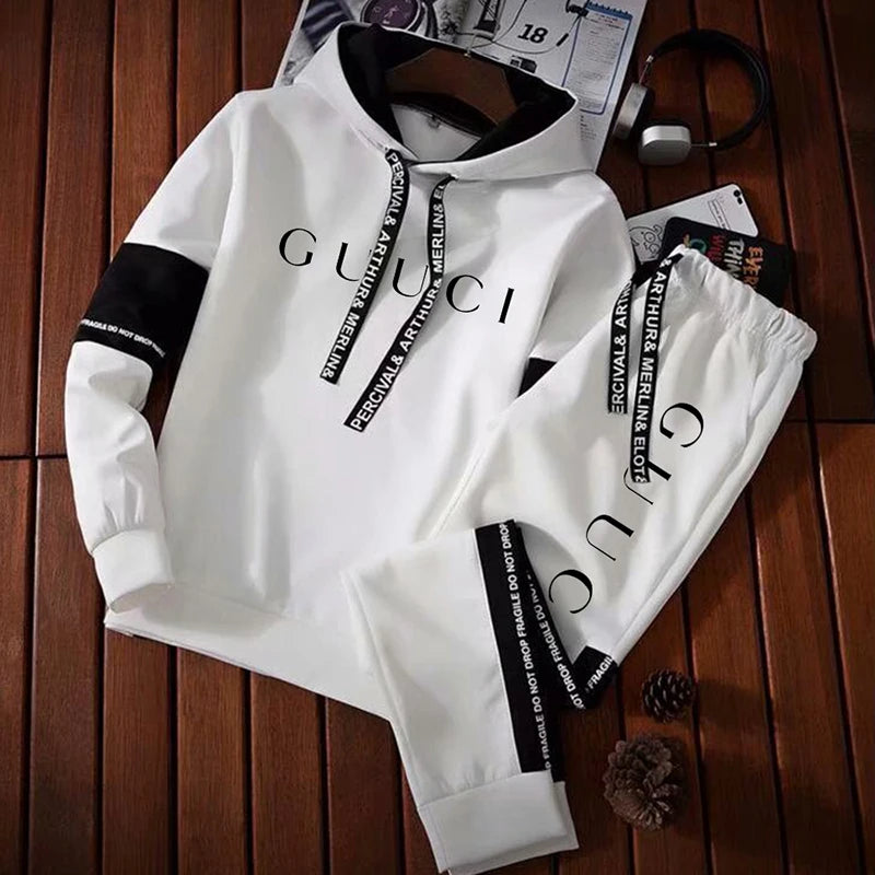 Hot Sale Mens Tracksuit Trend Print Hooded Sweatshirts 2pcs Set Casual Sports Jogging Suit Versatile BlackWhite Streetwear Woman - Clikcy