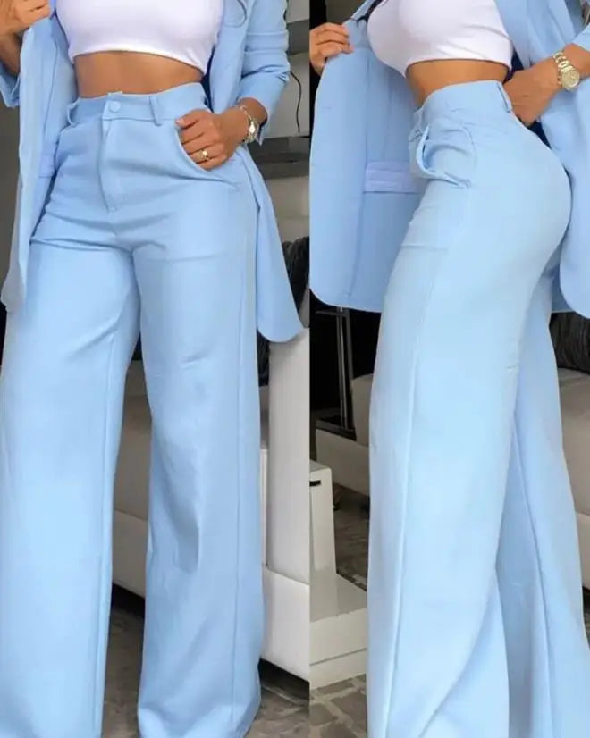 Women's Urban Suits 2024 Spring/Summer Latest Elegant Notched Collar Blazer Long sleeved Coat&Pocket Design Button Pants Set - Clikcy