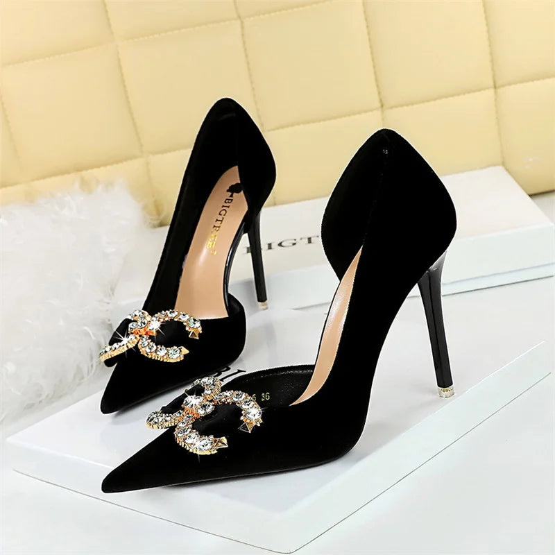 Fashion Women High Heel Rhinestone Buckle Bow Green Pink Pointed Toe Party Pumps Velvet Luxury Elegant Wedding Evening Shoes - Clikcy