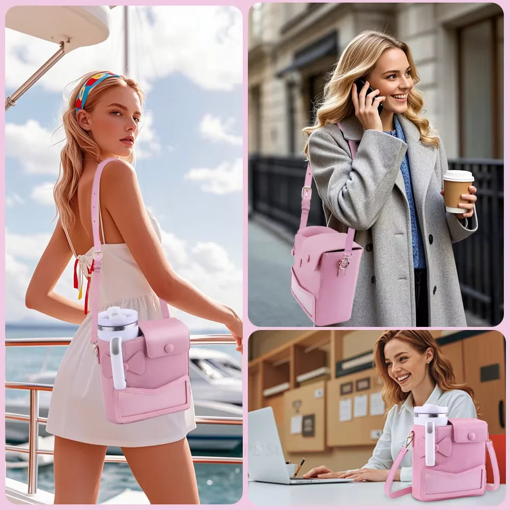 Outdoor Water Bottle Crossbody Bag With Pocket for Stanley Cup 40 oz Tumbler Leather Water Cup Holder With Strap for Women Gifts - Clikcy
