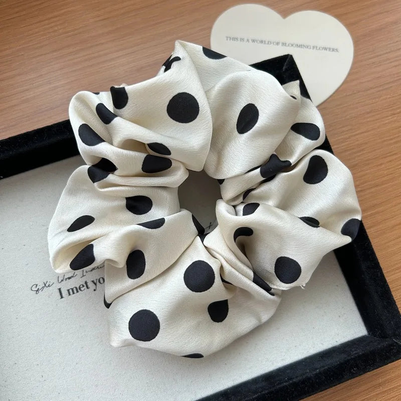 Korea Fashion Dot Satin Scrunchies For Women White big Hair Bands Elastic Silk Hair Tie Girls Black ponytail holder hair rope - Clikcy