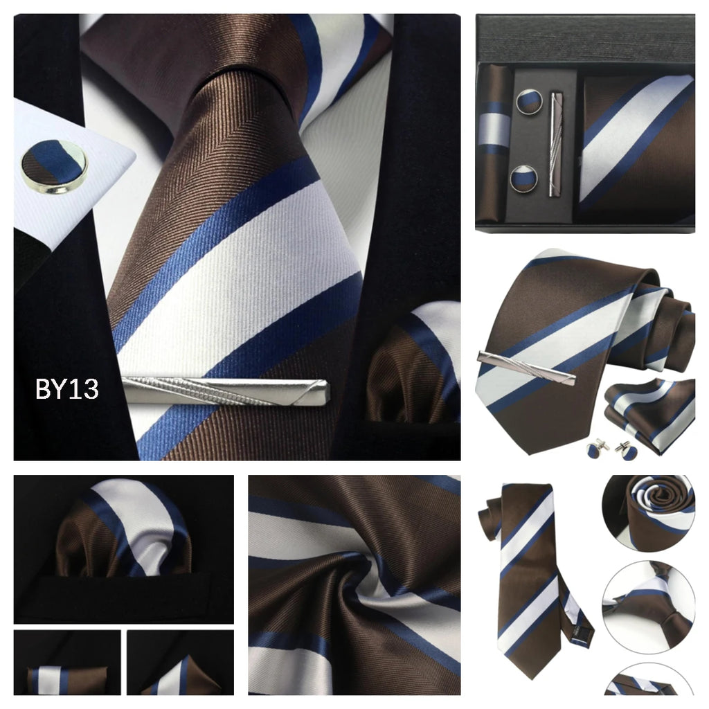 Classic 100% Silk Men's Ties In Gift box 8cm Plaid Dot Striped Business Necktie Handkerchief Cufflinks Wedding Party Tie Set