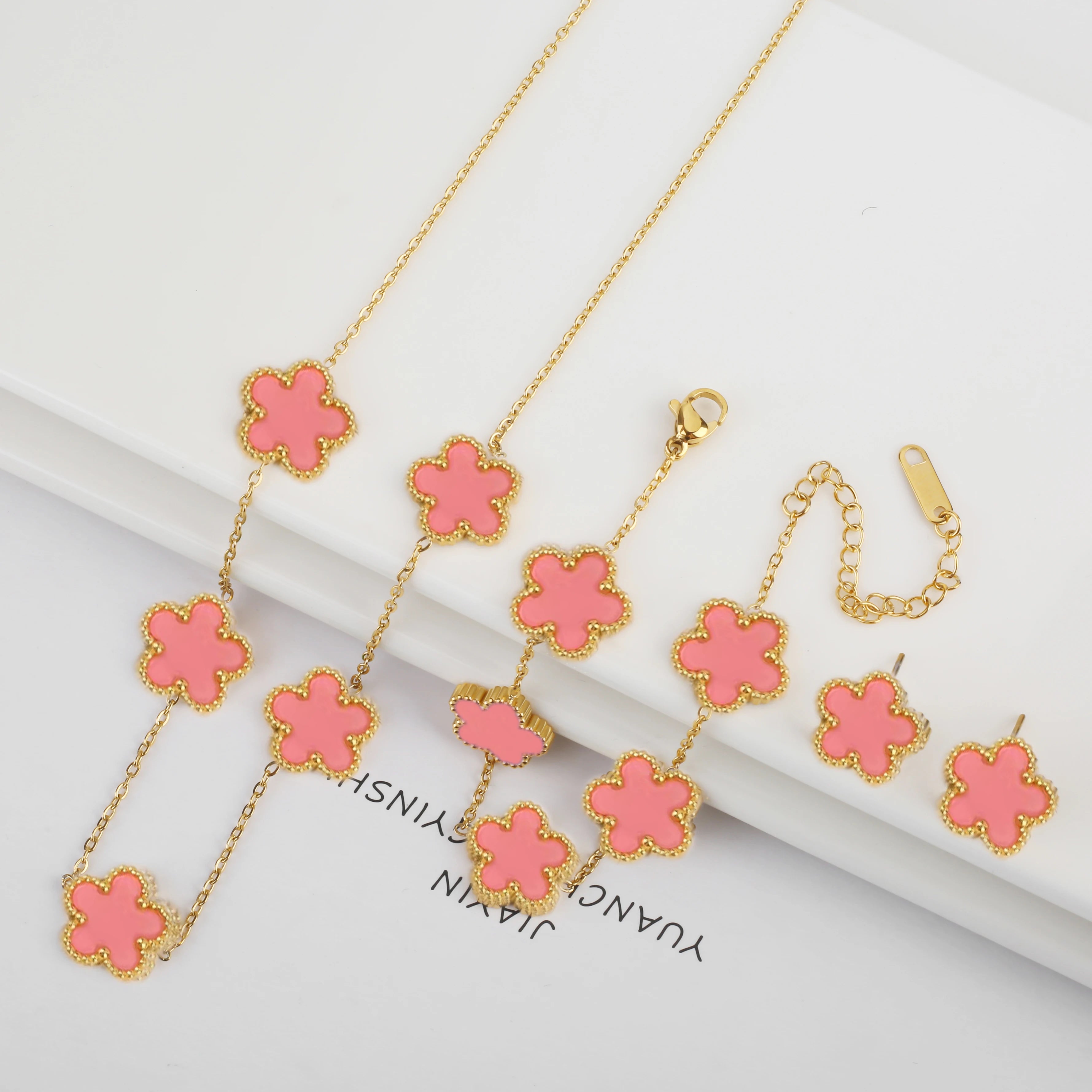 Hot Selling Plum Blossom Plant Five Leaf Flower Jewelry Set Bracelet Necklace Earrings Women Stainless Steel High Quality Clover - Clikcy