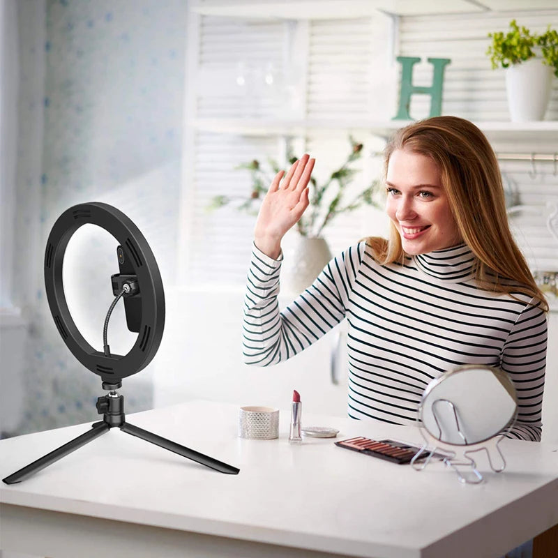 10inch LED Selfie Ring Light Circle Fill Light Dimmable Round Lamp Makeup Photography RingLight with Phone Holder Tripod Stand - Clikcy