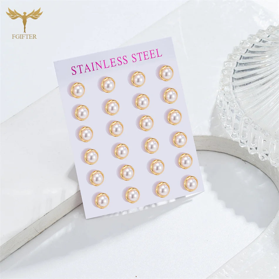 12 Pair Round Pearl Earrings for Women Girl Simple Ear Piercing Jewelry Golden Stainless Steel Stud Earrings Set Fashion Jewelry - Clikcy