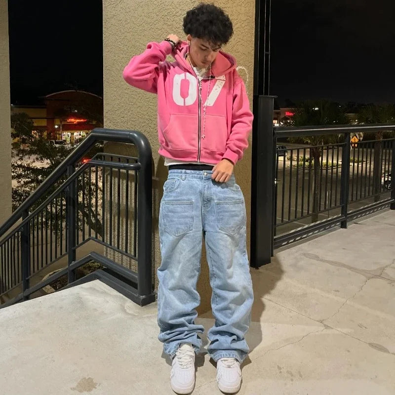 Y2K pants men Baggy Harajuku cherry blossom print pattern jeans Hip Hop streetwear men women gothic Casual wide leg Denim Pants - Clikcy