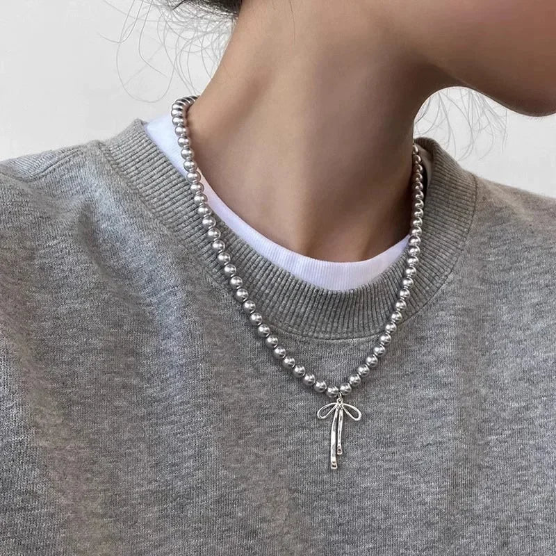 LATS Gray Pearls Bowknot Pendant Necklace for Women Girls Graceful Butterfly Choker Chain Jewelry Gift Accessories - Clikcy