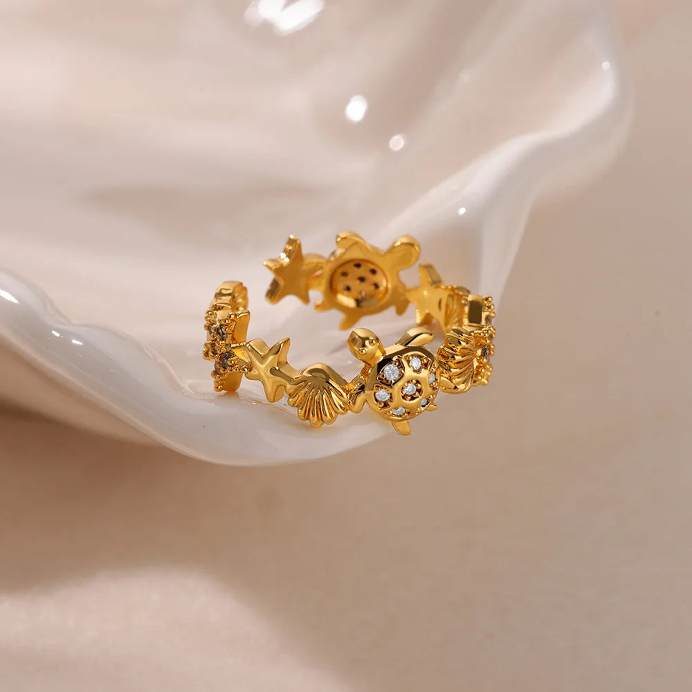 Ocean Starfish Shell Open Rings For Women Gold Color Stainless Steel Ring Summer Beach Aesthetic Waterproof Jewelry Gift - Clikcy
