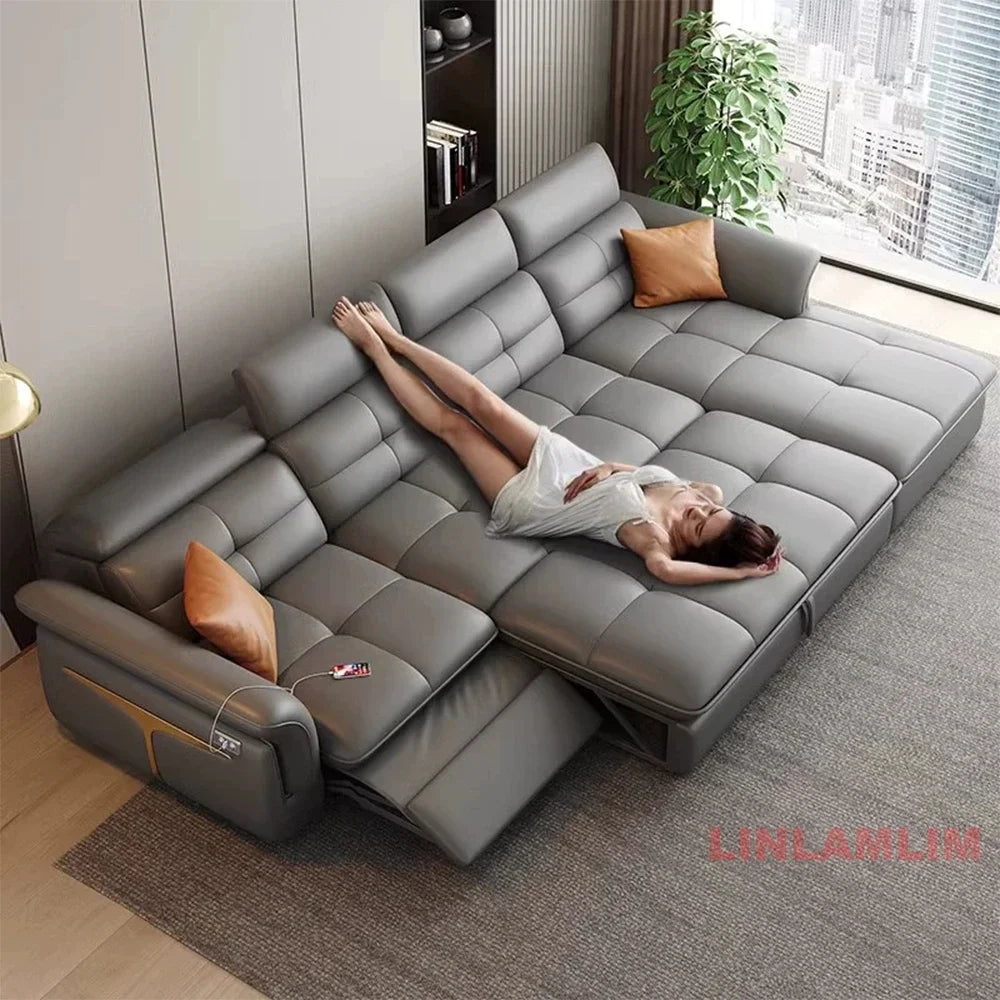 Modern Electric Recliner Sofa Bed with Adjustable Backrest, L-Shaped Multifunctional Italian Genuine Leather Sectional Couch - Clikcy