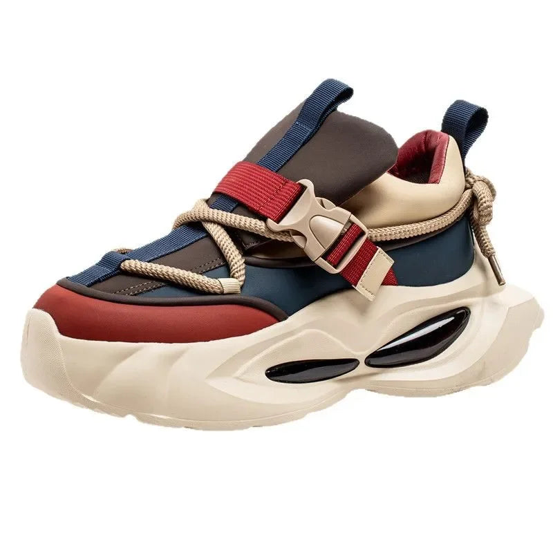 Waterproof Thick Bottom Dad Shoes Outdoor Sports Black Leather Surface Pure Color Spring Autumn Seasonal Style Casual Sneakers