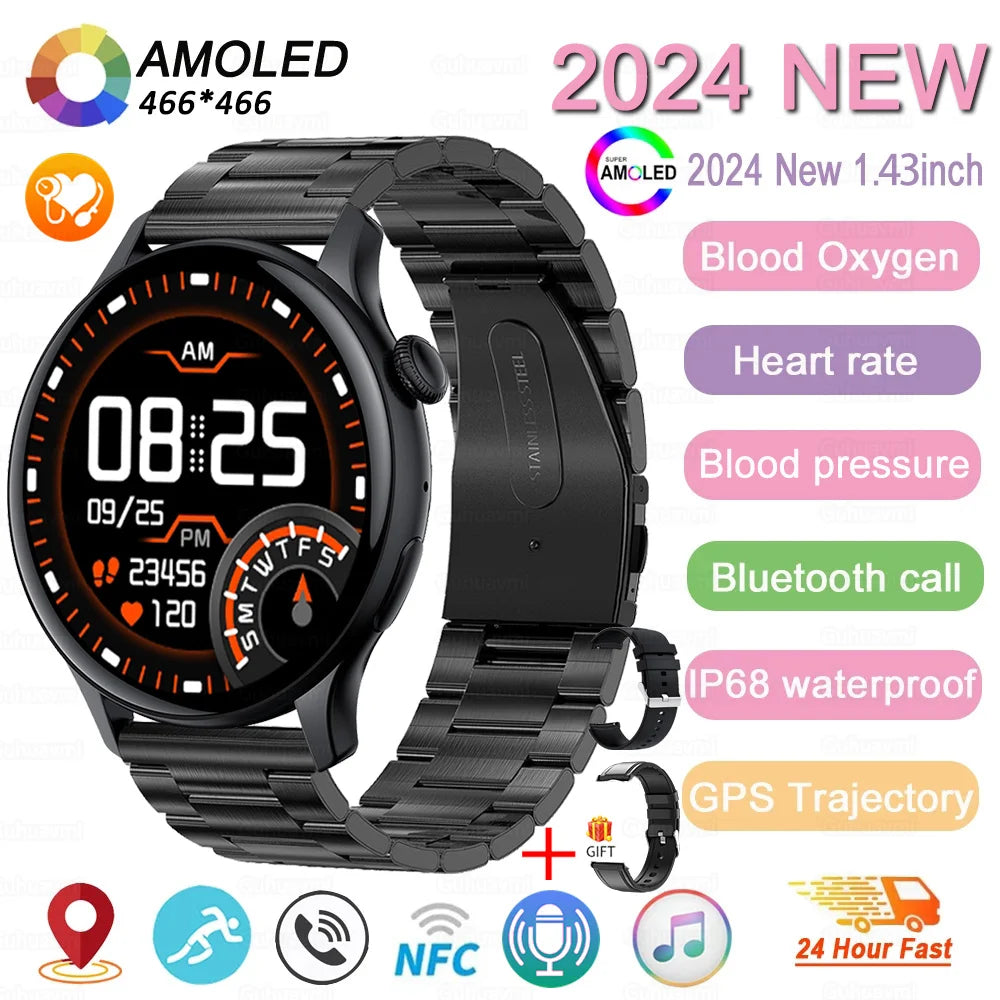 2024 New GPS Smart Watch Women True AMOLED 466*466 HD Screen Health Tracker Sports NFC Voice Bluetooth Call Smartwatches Ladies