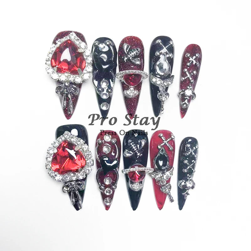 10Pcs Y2K Handmade Press On Nails Black Blue Heart Cross Designs for Parties Weddings Daily Wearable Artificial False Nail - Clikcy