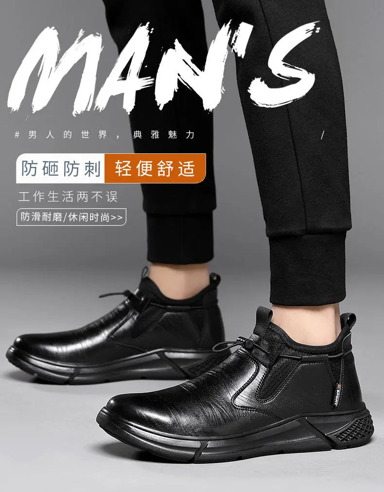 Black Leather Men Waterproof Shoes Work Safety Shoes Steel Toe  Men Sneakers Wear-resistant Indestructible Construction Man Boot