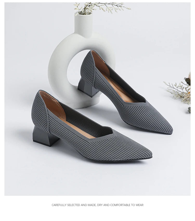 Women's large high-heeled shoes Multicolor pointy knit breathable comfortable anti-skid rubber sole work shoes 2023 new autumn