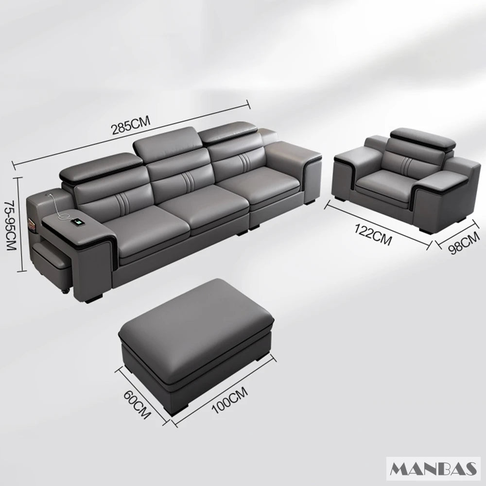 MINGDIBAO Leather Sectional Sofa Set with Cup Holder, USB, Adjustable Headrests & Bluetooth Speaker Living Room Couch with Stool - Clikcy