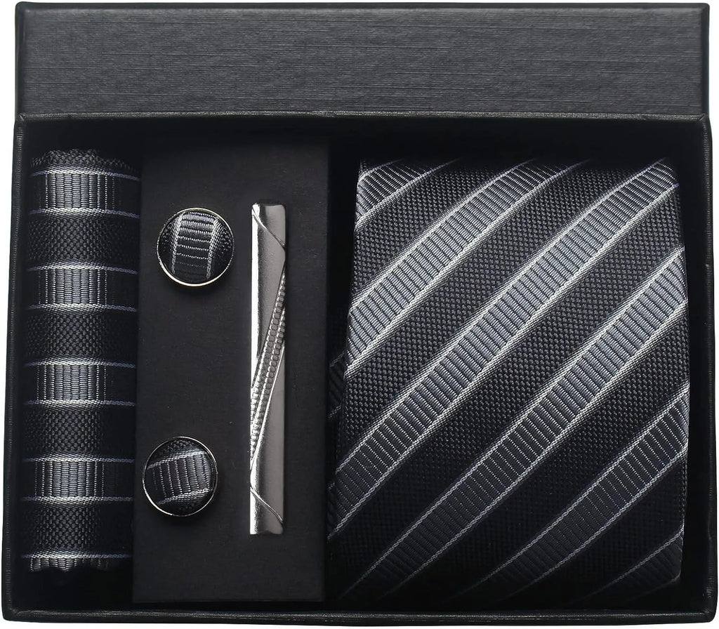 Classic 100% Silk Men's Ties In Gift box 8cm Plaid Dot Striped Business Necktie Handkerchief Cufflinks Wedding Party Tie Set