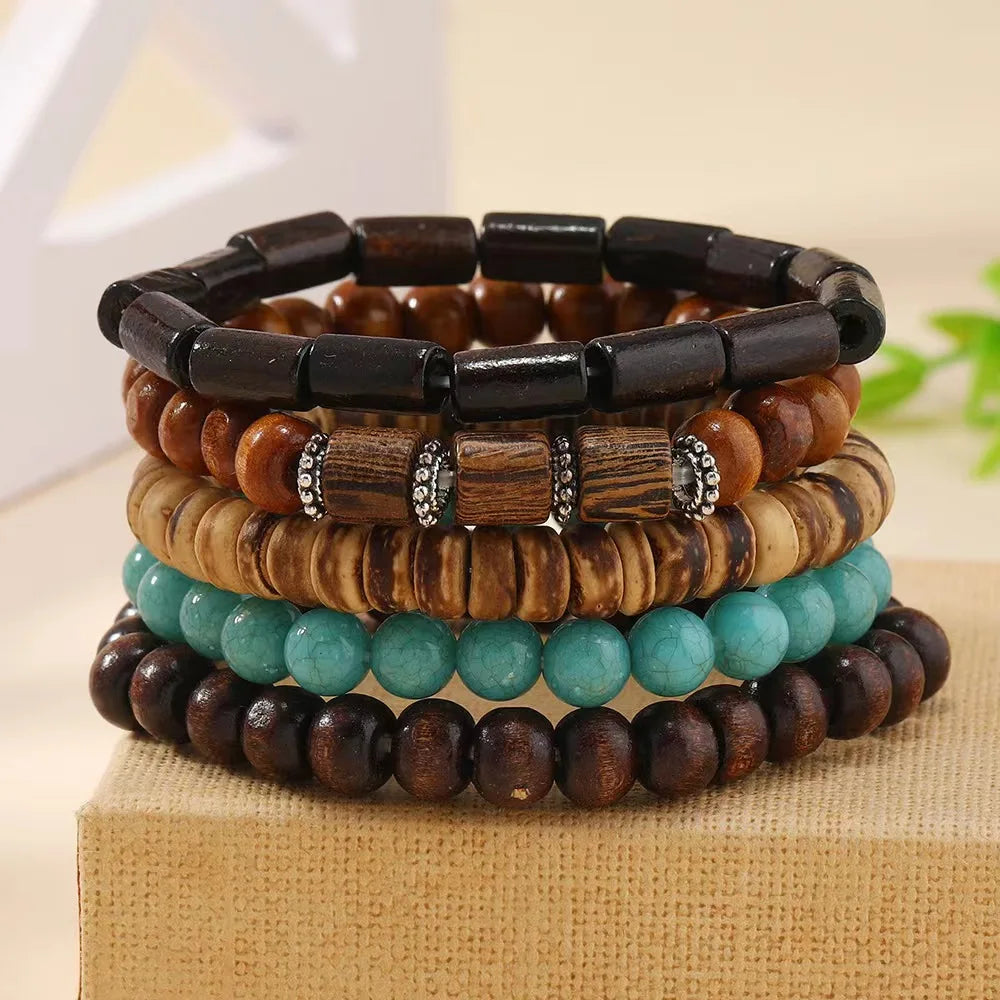 Cross Life Tree 5Pcs/set Vintage Bronze Ethnic Casual Wood Beads Feather Charm Leather Women Bracelets Men Male Jewelry - Clikcy