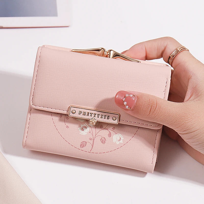 Purse women's summer new Korean PU printed buckle 3 fold bag simple all-in-one short women's money clip multi-card folding flap - Clikcy