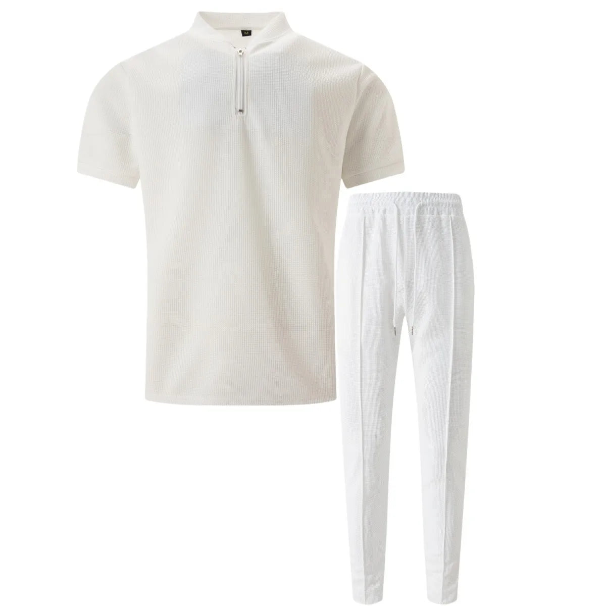 2025 Men's new waffle collar small zipper solid color polo shirt top men's T-shirt short sleeve trousers two sets - Clikcy