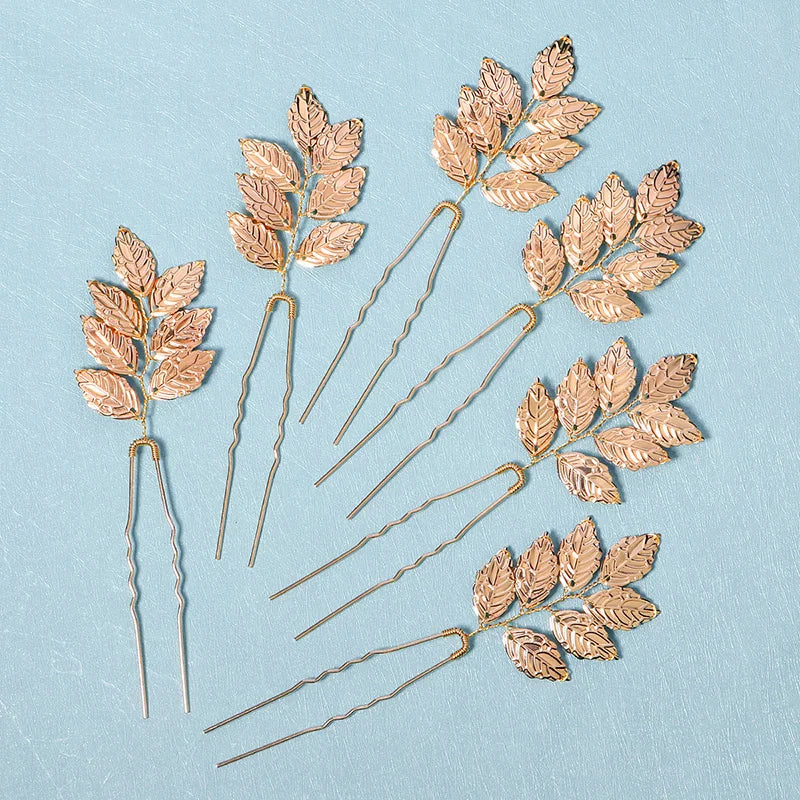 6PCS Gold Leaf Metal Hairpin Fashion Bridal Headdress Hair Accessories Rhinestone Crystal Hair Clips For Women Holiday Gift - Clikcy
