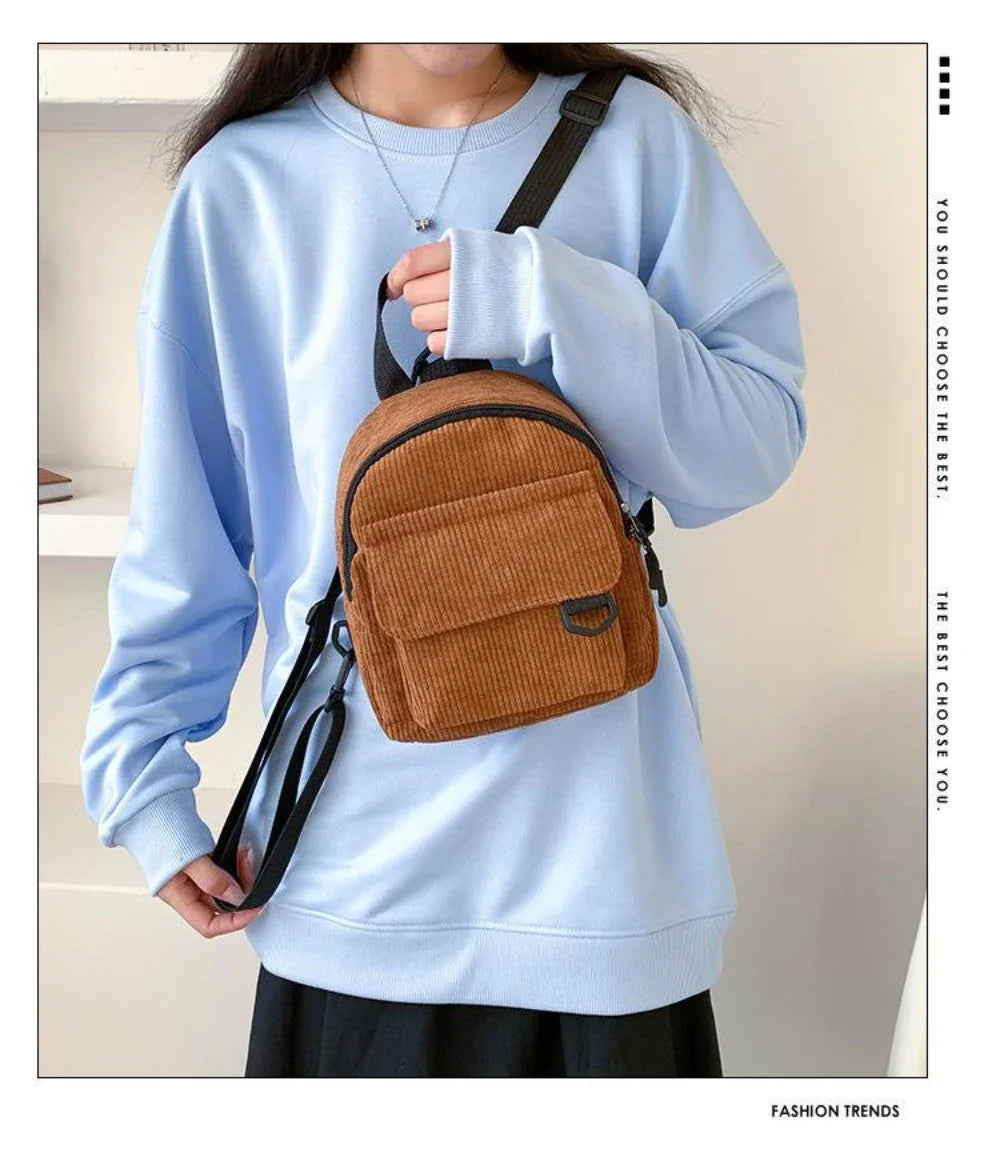 Women's Mini Backpack Fashion Solid Color Corduroy Small Simple Casual Traveling Large Capacity Durable Female's Schoolbag - Clikcy