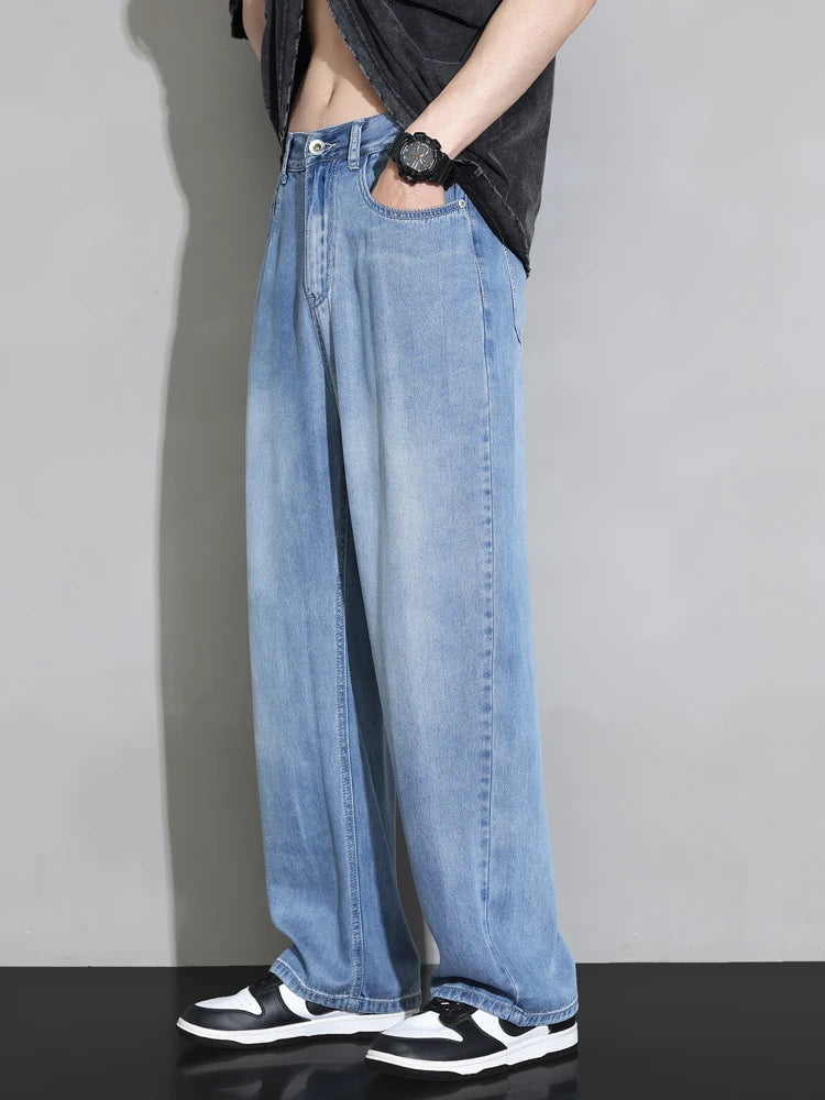 Summer High Quality Cozy Soft 100%Lyocell Fabric Jeans Men Elastic Waist Denim Trousers Korea Loose Straight Blue Casual Pants - Clikcy