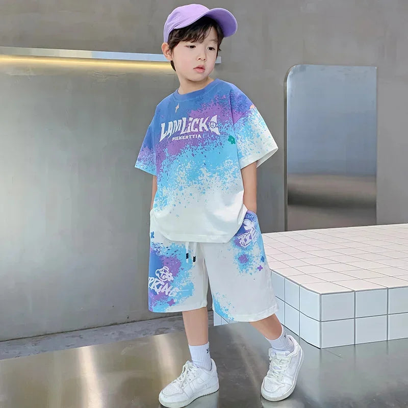 Boys Gradient Sets Teenager Summer Short-sleeved Suit New Children's T-shirt+shorts 2Pcs Outfits Kids Casual Sports Clothing - Clikcy