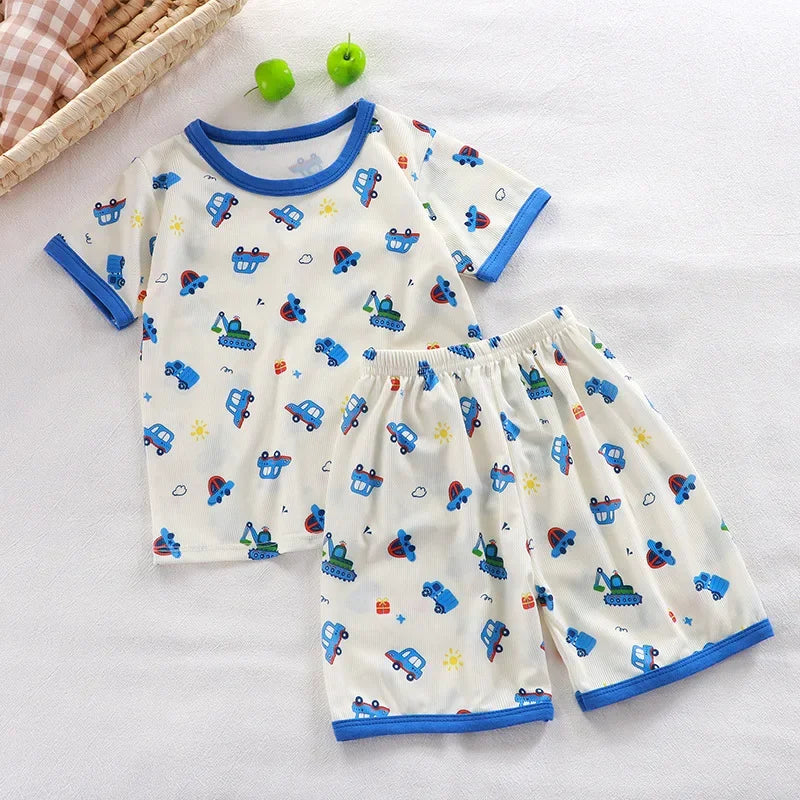 2024 New Boys Girls Summer Thin Clothing Sets Kids Cute Cartoon Print Short Sleeve T-Shirt Tops with Shorts Toddler Baby Pajamas - Clikcy