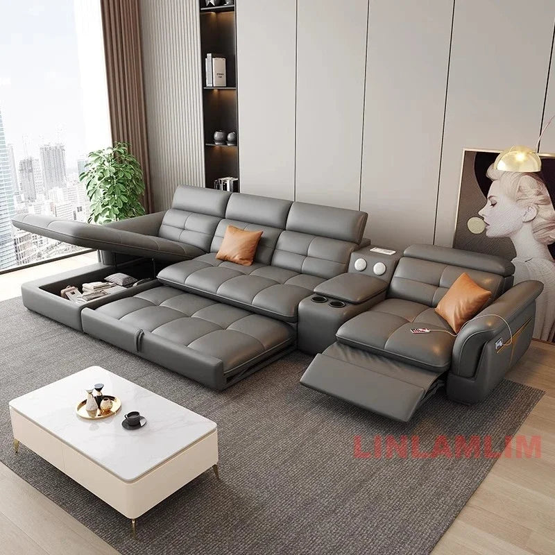 Modern Electric Recliner Sofa Bed with Adjustable Backrest, L-Shaped Multifunctional Italian Genuine Leather Sectional Couch - Clikcy