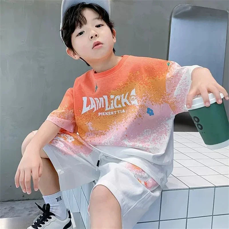 Boys Clothes Sets Teenager Summer Short-sleeved Suit New children's Gradient T-shirt+shorts 2Pcs Outfits Kids Casual Sports Set - Clikcy