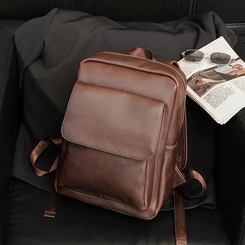 Retro Fashion Laptop Backpack Men Korean Style Flap Men's Backpacks High Quality PU Leather Travel Back Bag Student Schoolbags
