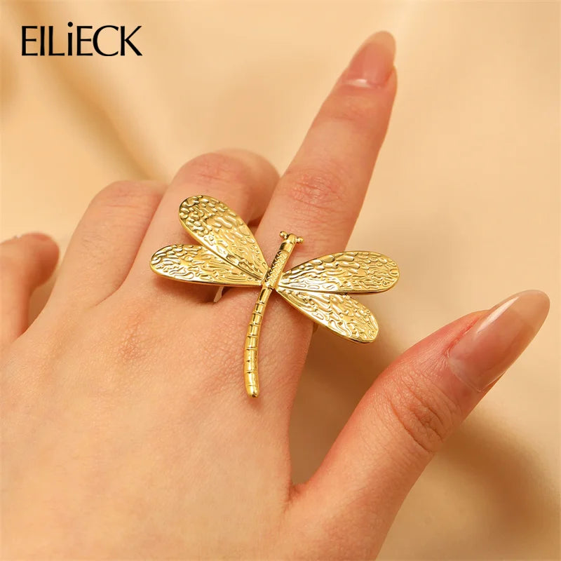 EILIECK  316L Stainless Steel New Design Dragonfly Ring Jewelry Women 18 K Plated Metal Texture Gold Color Ring Accessories - Clikcy