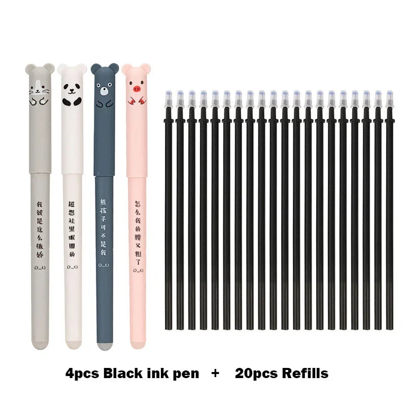 4+20 Pcs/Set Kawaii Pig Bear Cat Erasable Gel Pen Refills Rods 0.35mm Blue Black Ink Washable Handle School Office Supplies Gift - Clikcy