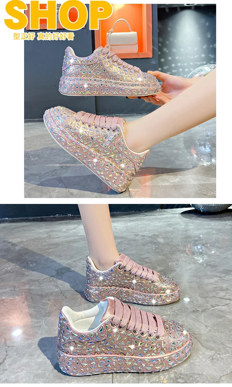 2025 Autumn Leather Women Shoes New Style Fashion Platform Shoes Ins Platforms Sneakers Tide Shine Bling Rhinestone Shoes - Clikcy