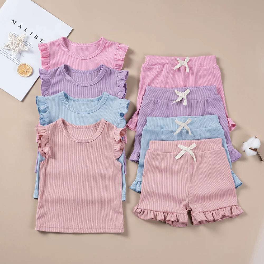 Summer Toddler Girl Ruffle Sleeve 2pcs Set Sleeveless T-shrits Top and Shorts Outfit for Kids Girls Solid Suit Clothing - Clikcy