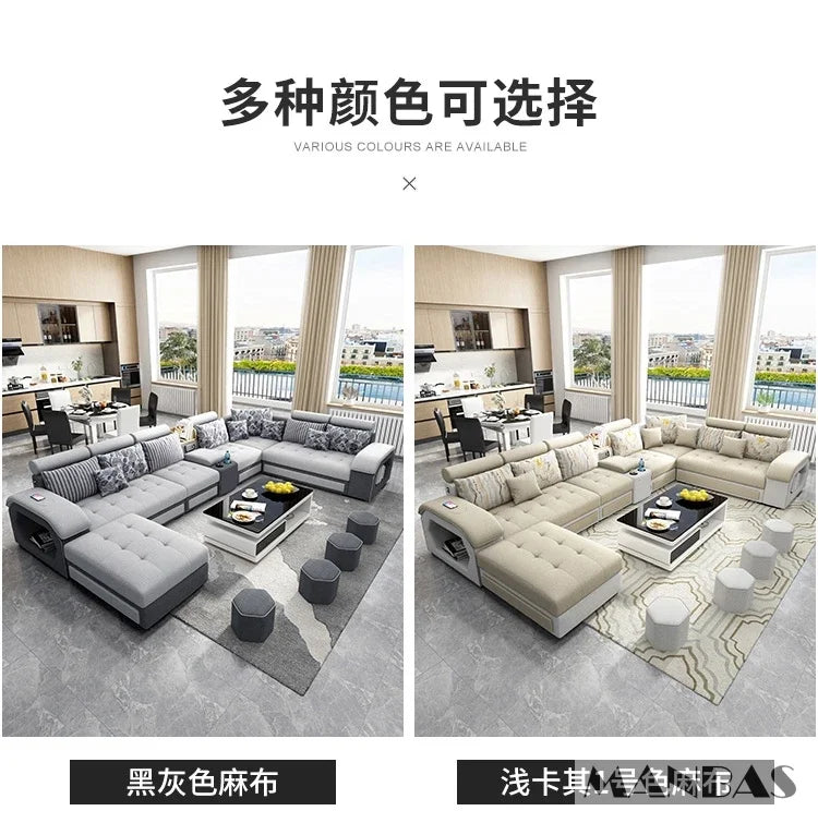 Linlamim Fabric Sofa Set Furniture Living Room Sofa Set with USB and Stools / Big U Shape Cloth Couch Sofas for Home Furniture