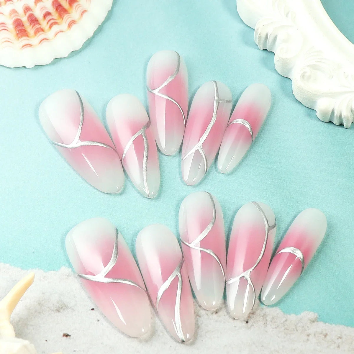 10pcs Handmade Long Press on Nails  Pink Gradient Glossy Blush 3D Silver Cord Art Design Jelly Glue&Nail File,Reusable Fake Nail - Clikcy