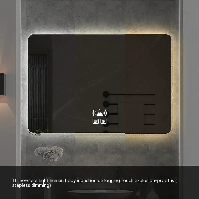 60x80CM Square Smart Hotel Bedroom Defogging Decorative Mirror LED Bathroom Mirror 3 Color Adjustable Backlight - Clikcy
